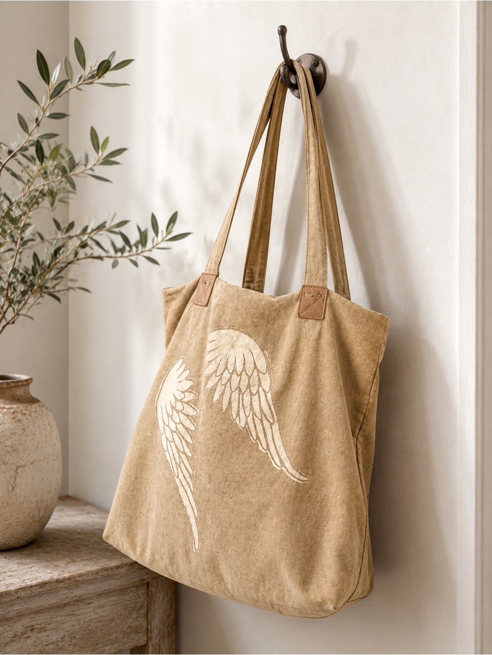 Womens Tan Canvas Tote/book bag  Bag with Angel Wing Print